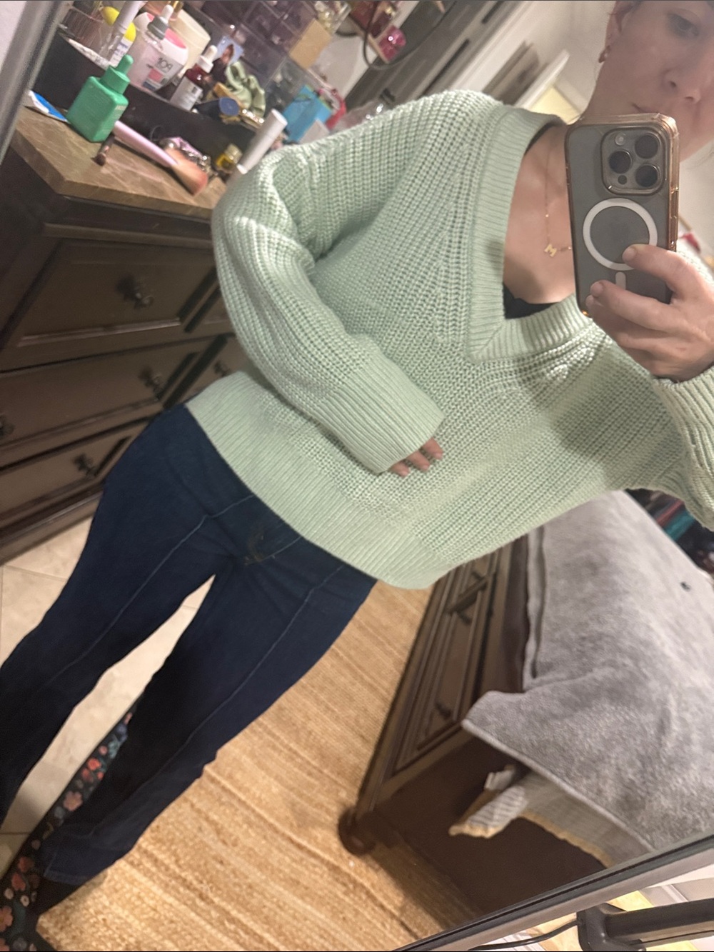 Abercrombie & Fitch Mint Green V-Neck Chunky Knit Sweater